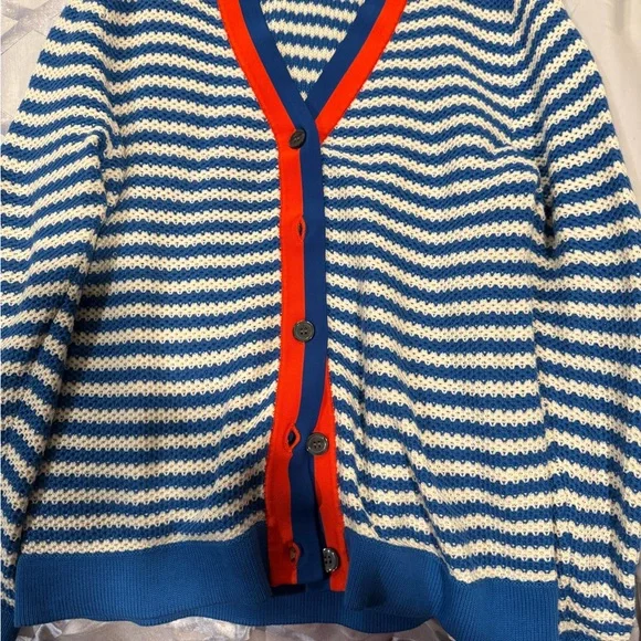 KULE Breton Stripe Cardigan – Blue Cream Nautical Sweater – Size S
